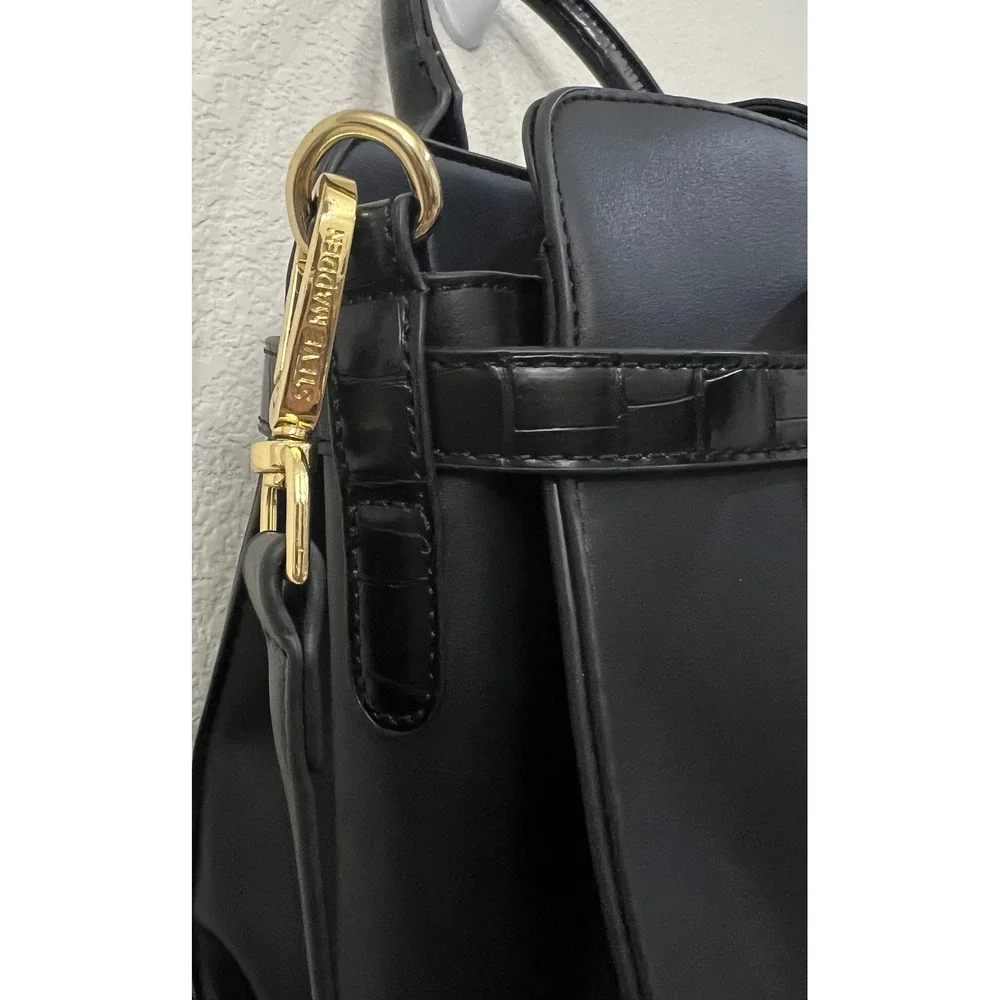 Steve Madden Black Croc Trim Satchel Crossbody Bag Gold Hardware SM Logo Handbag